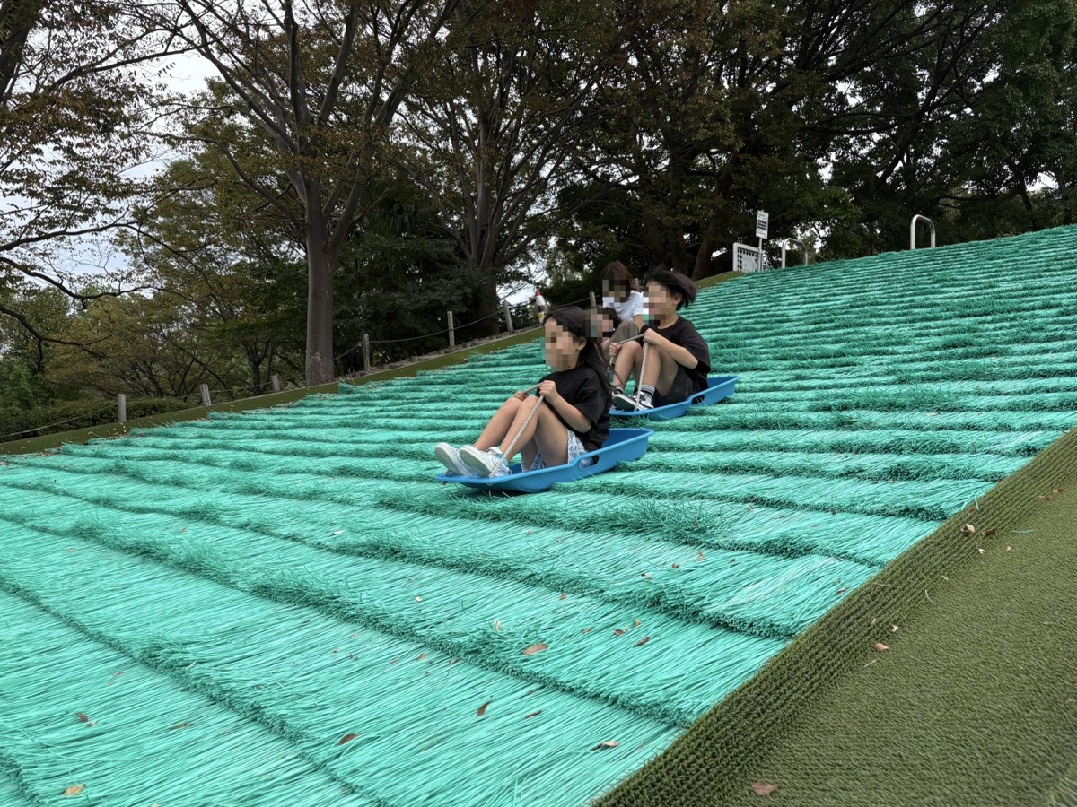 堀内公園の芝そりで遊ぶ様子